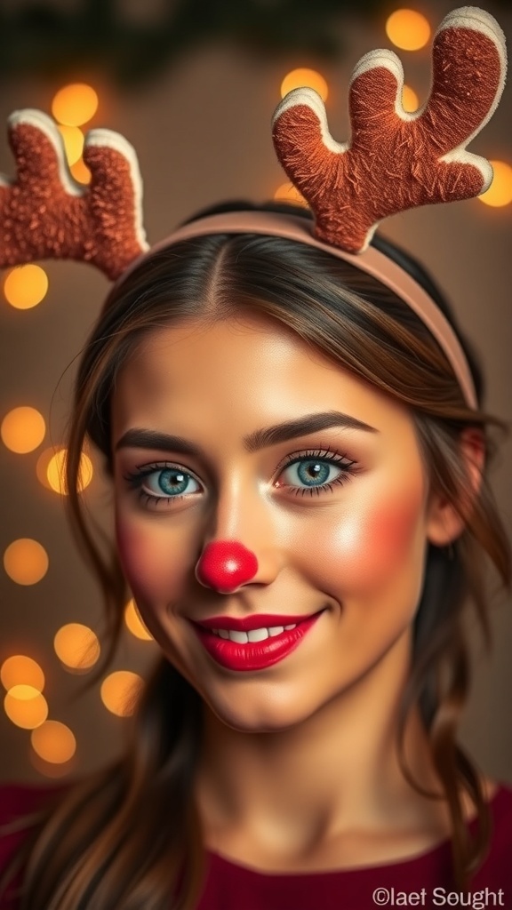 Christmas Reindeer Makeup Tutorial Christmas reindeer makeup with brown tones, rosy cheeks, red nose, and antlers headband.
